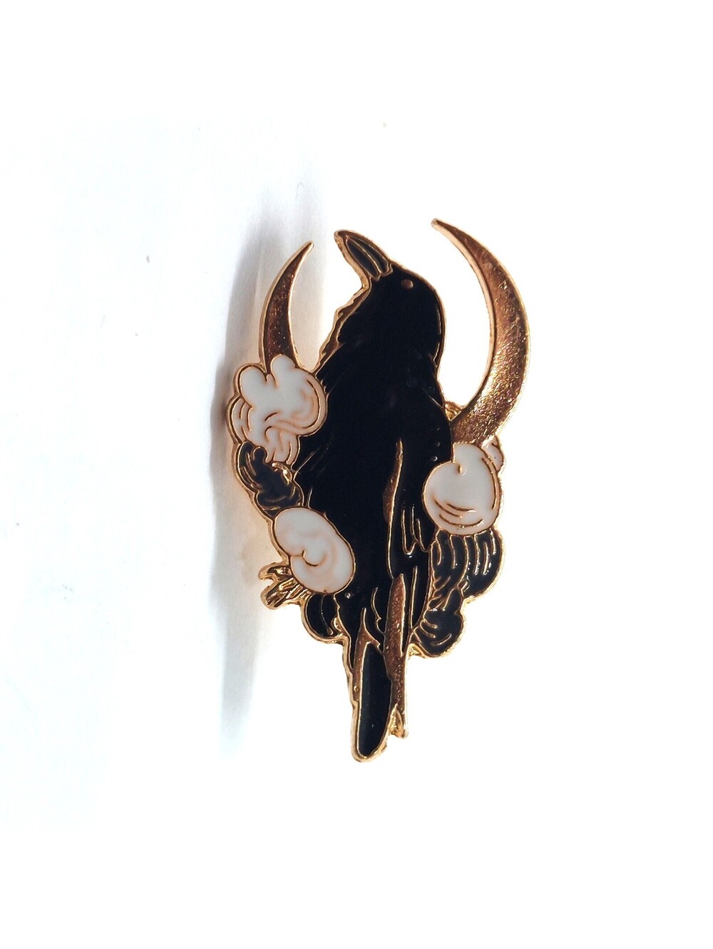Crow Moon Pin Black Gold Gothic Raven Crescent Night Dark Vintage Brooch